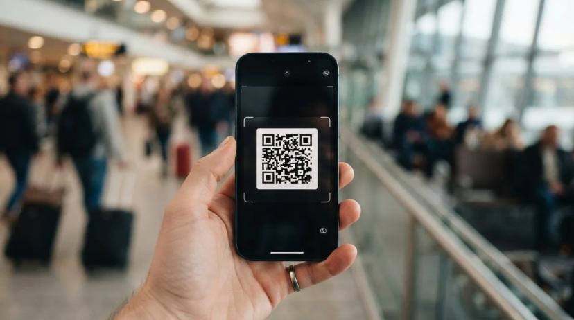 A close-up of a smartphone screen displaying an eSIM activation QR code, with a blurred background suggesting travel.