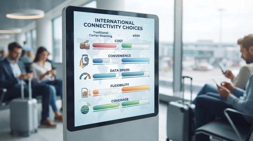 A comparison chart illustrating the decision factors between O2 roaming and using an eSIM for international travel.