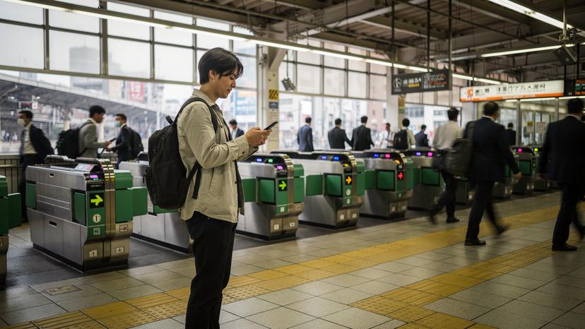 A traveler tapping their smartphone against a subway transit ticket gate at a busy station in Tokyo.