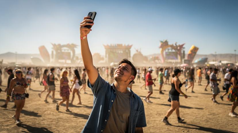 A young adult holding a smartphone high in the air trying to get a signal at a crowded outdoor desert music festival.