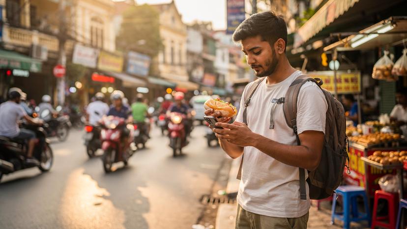 एक भारतीय यात्री वियतनाम के हो ची मिन्ह शहर में एक व्यस्त सड़क पर अपने फोन पर Cellesim eSIM एक्टिवेट कर रहा है, उसके हाथ में स्ट्रीट फूड है।