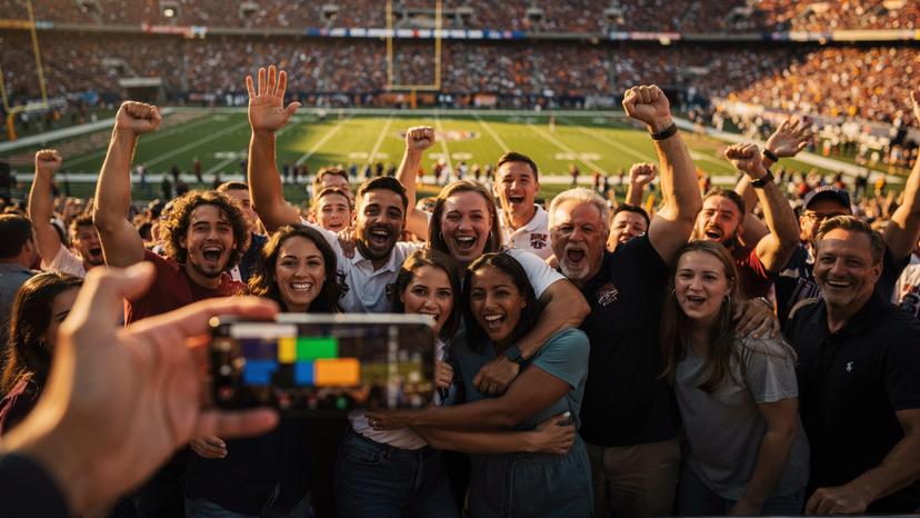 Um grupo de amigos e familiares se abraçando comemorando em um estádio de futebol nos EUA, com a iluminação do entardecer e um iPhone 14 em primeiro plano, exibindo a tela de um aplicativo de esporte.