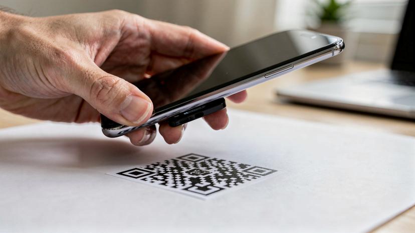 O mână ține un telefon mobil, scanând un cod QR afișat pe o altă suprafață, într-un cadru curat și bine iluminat, sugerând ușurința activării unui eSIM.