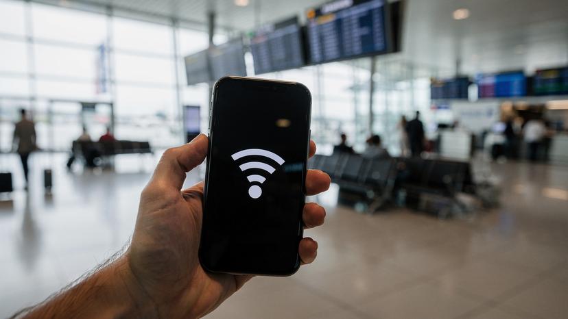 Una mano tiene uno smartphone con un messaggio di errore di connessione WiFi, in un ambiente di aeroporto affollato con schermi di partenza sullo sfondo, creando una sensazione di frustrazione.