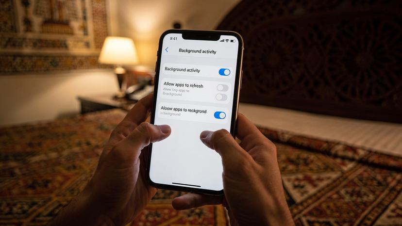 Nahaufnahme eines Smartphones, das den Einstellungsbildschirm zur Deaktivierung der Hintergrundaktualisierung von Apps anzeigt. Das Telefon wird von Händen gehalten, in einem Hotelzimmer mit einem ägyptischen Dekor im Hintergrund.