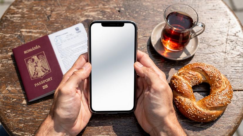 Mani de călător care țin un telefon și un pașaport, aranjate pe o masă de cafenea cu o ceașcă de ceai turcesc și o porție de simit, într-o scenă luminoasă de zi.