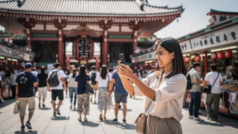 Tampilan Kuil Sensoji yang ramai di Asakusa, Tokyo, dengan seorang wanita Indonesia yang memegang ponselnya, merekam keindahan arsitektur tradisional Jepang.