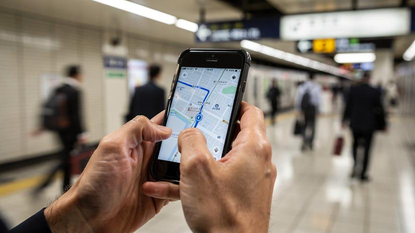Tangan seorang traveler Indonesia sedang mengoperasikan aplikasi peta di ponselnya di tengah keramaian stasiun kereta bawah tanah di Tokyo, mencari rute terbaik untuk mencapai destinasi berikutnya.