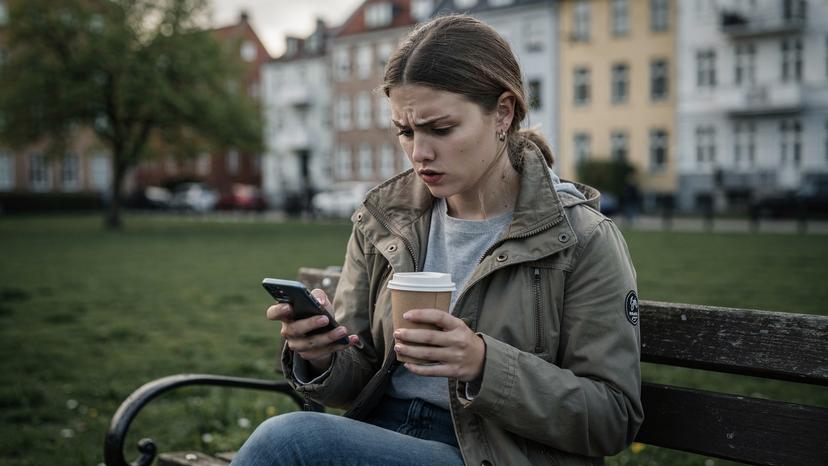Młoda kobieta siedząca na ławce w Kopenhadze, zaniepokojona patrzy na ekran telefonu, trzymając w ręku papierowy kubek kawy, sugerując problem z łącznością.